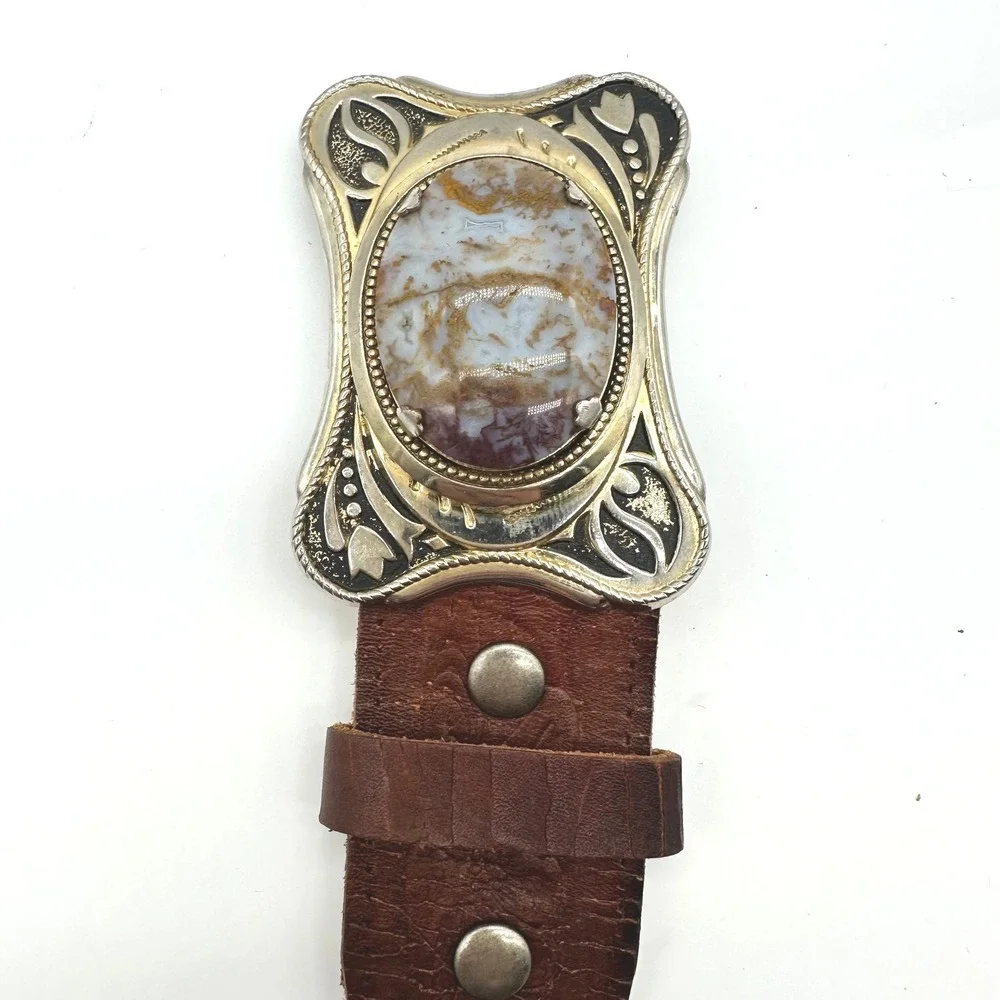 Vintage Western Embossed Leather Cowboy Belt Agate Stone Trophy Buckle Brown 34